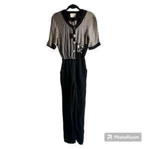 90s Vintage Linen Blend Jumpsuit with Button Up Top and Wide Leg Trousers Size 6